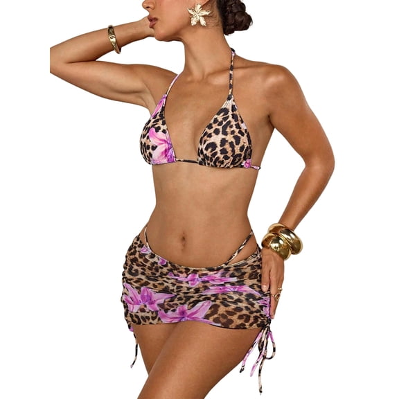 Women'S 3 Piece Floral Leopard Print Bikini Sets Halter Triangle Swimsuit with Mesh Cover Up Skirt Light XL