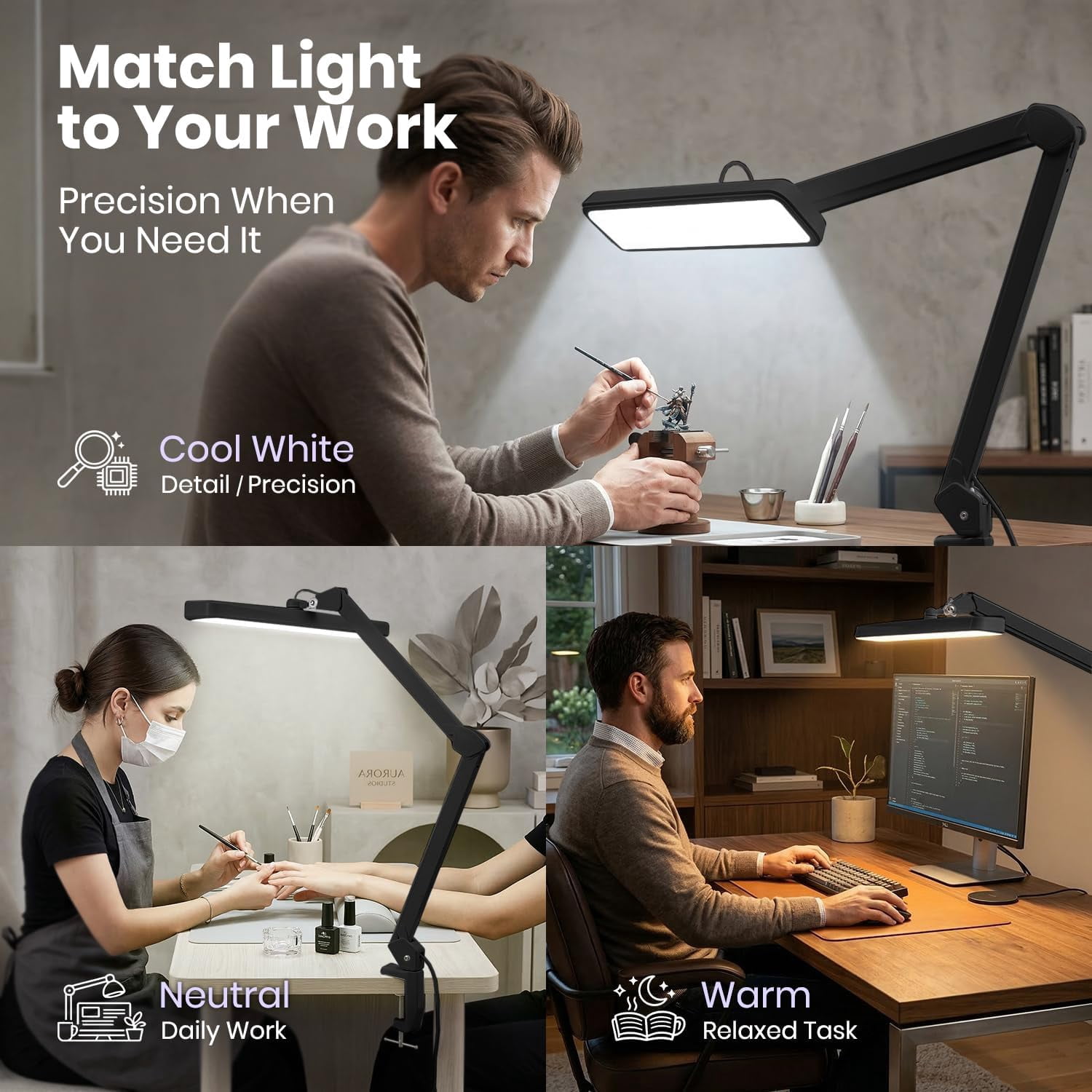 Neatfi LED Task Lamp with Clamp, 2500 Lumens, 22-Inch Wide Head, 5 Light Modes, Adjustable Work Light for Nails, Reading & Crafts, Black