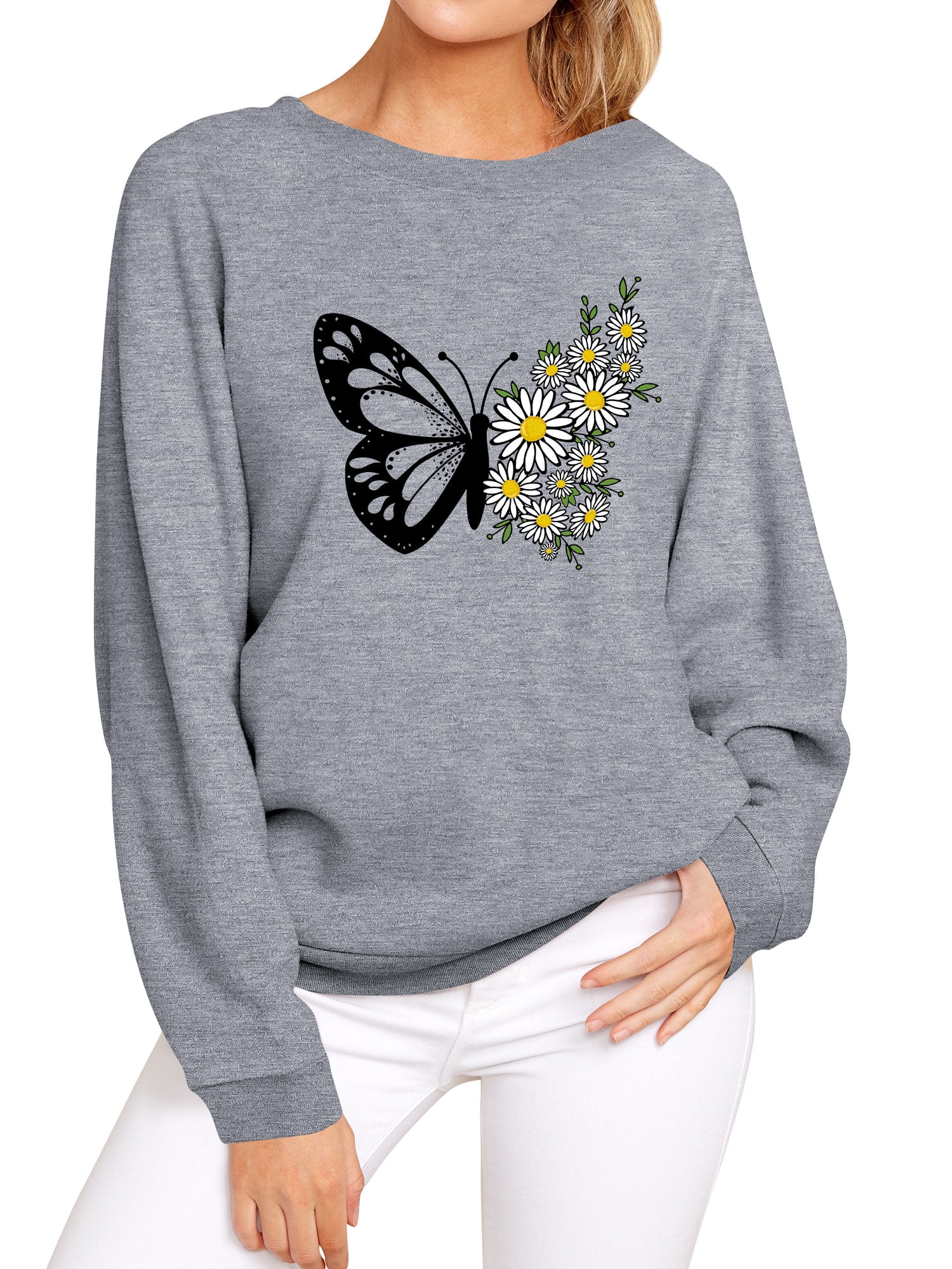 COOKI Women Floral Butterfly Graphic Printed Round Neck Pullover Sweatshirts Casual Pullover Long Sleeve Sweater Tops