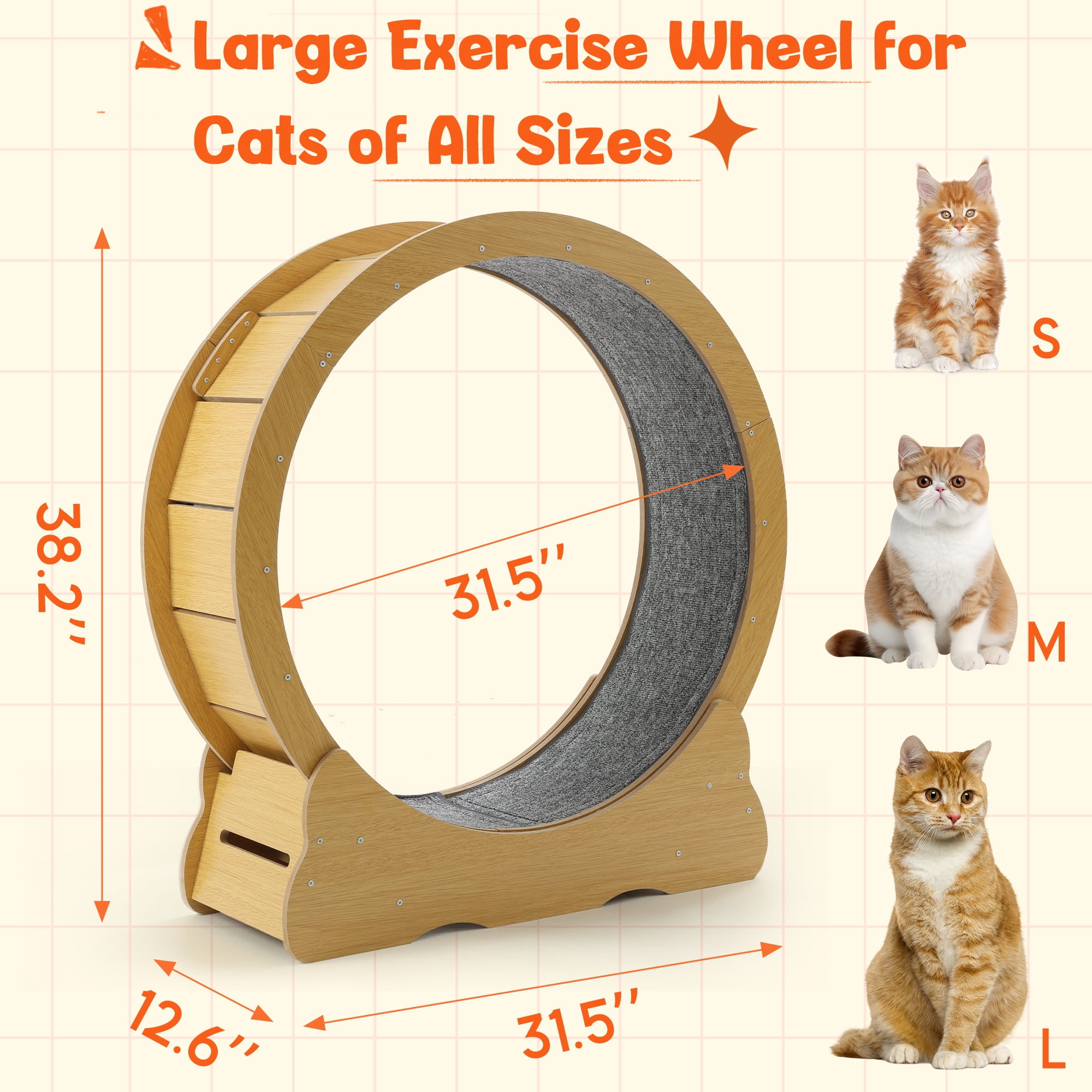 YODOLLA 31.5” Cat Treadmill Cat Exercise Wheel with Nonslip Carpet  Cat Teaser for Indoor Cats,Natural