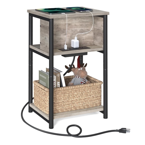 3-Tier End Table With Charging Station, Greige Black, 11.8 x 13.4 x 22.8
