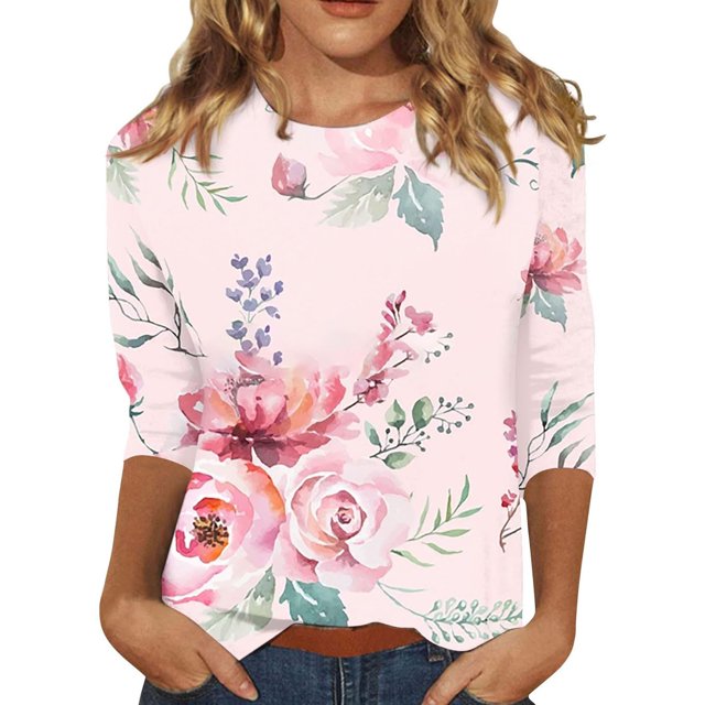 T-Shirt à Manches Courtes pour Femmes Liquidation T-Shirt en Chiffon pour Femmes Mode Décontractée Imprimé Floral à Rayures Manches Trois Quarts