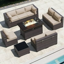 ASJMR 10 Pieces Outdoor Patio Furniture Set with Fire Pit Table,All-Weather Rattan Wicker Conversation Outside Sectional Sofa Chair Sets with Coffee Table and Brown Cushions