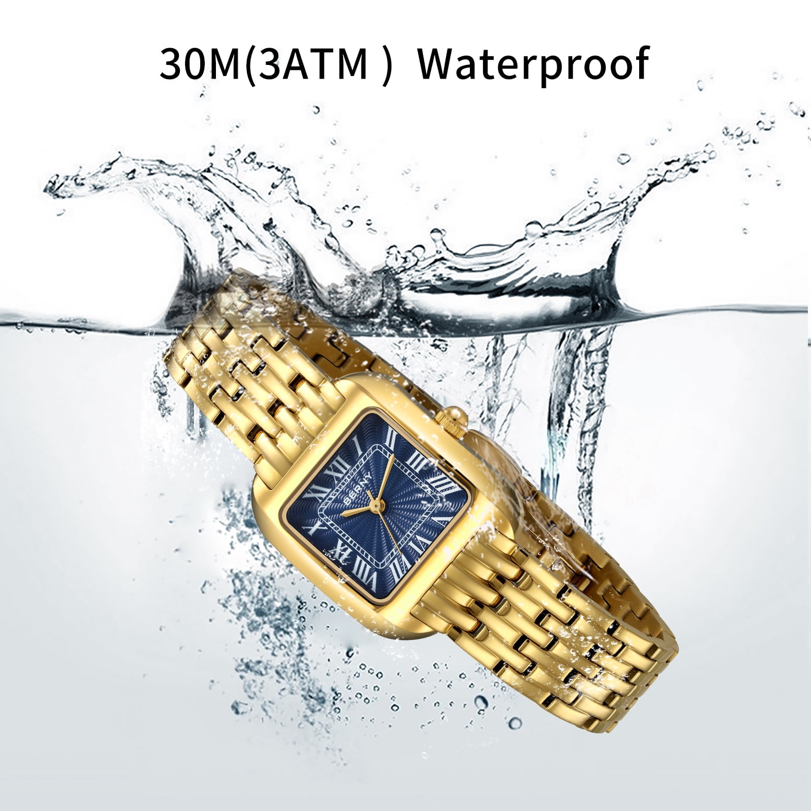 BERNY Gold Watches for Women, Square Dainty Ladies Analog Quartz Watch with Roman Numeral, Stainless Steel Bracelet Watch, Classic Waterproof Women Wristwatch Gift, Blue