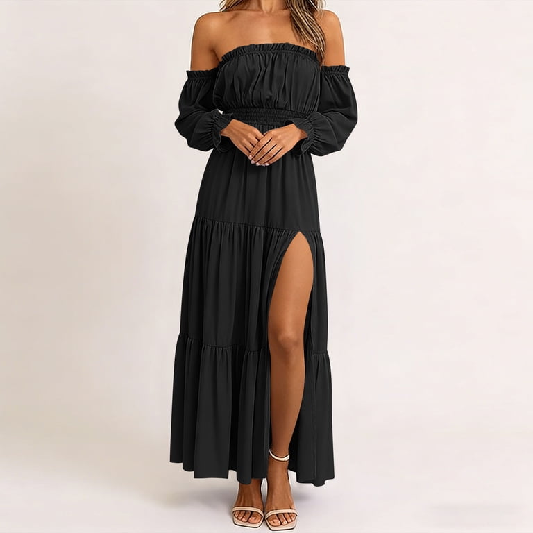 black flowy off the shoulder dress Flowy Tulle Off Shoulders Tulle Black Prom Dress