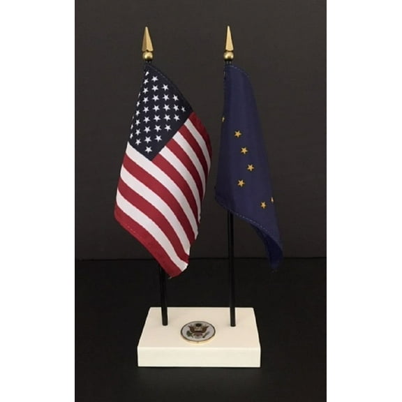 Alaska Executive Desk Set; Two 4x6 Inch Flags, White Base with US Seal