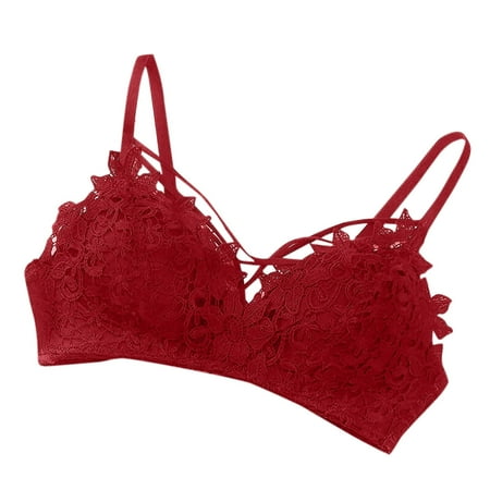 SMihono Women s Floral Lace Crisscross Bras Spaghetti Strap Padded Long Line Bras Sexy Hollow Out Longline Bralette Daily Bras Red 75B