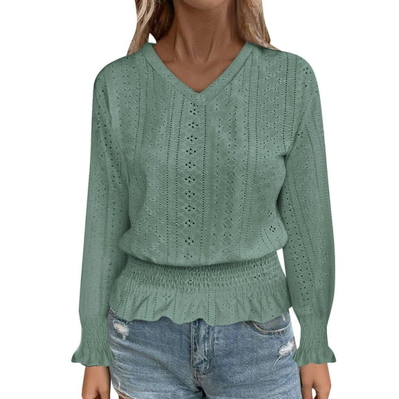 Women's Solid Color Long Sleeve V-Neck Pullover Top Blouse with Casual Design for Various Occasions