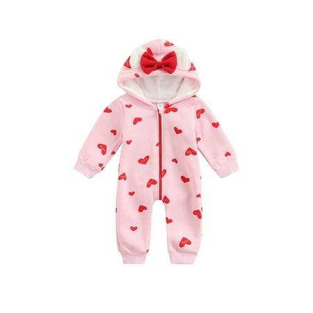 

Kiapeise Baby Girls Valentines Day Outfits Zipper Hoodie Jumpsuit Long Sleeve Heart Print Romper