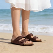 Womens Sandal Cork Footbed Slide, Arch Support Slides for Women with Adjustable Buckle, Comfortable Summer Beach Outdoor Sandals, Brown