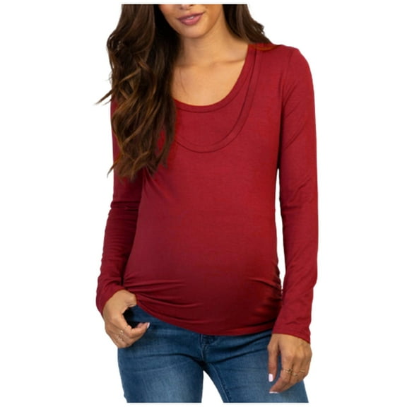 Odeerbi Maternity Clothes Long Sleeve Maternity Shirts for Women Breastfeeding Pregnant Tops Round Neck Solid Nursing Blouse Burgundy