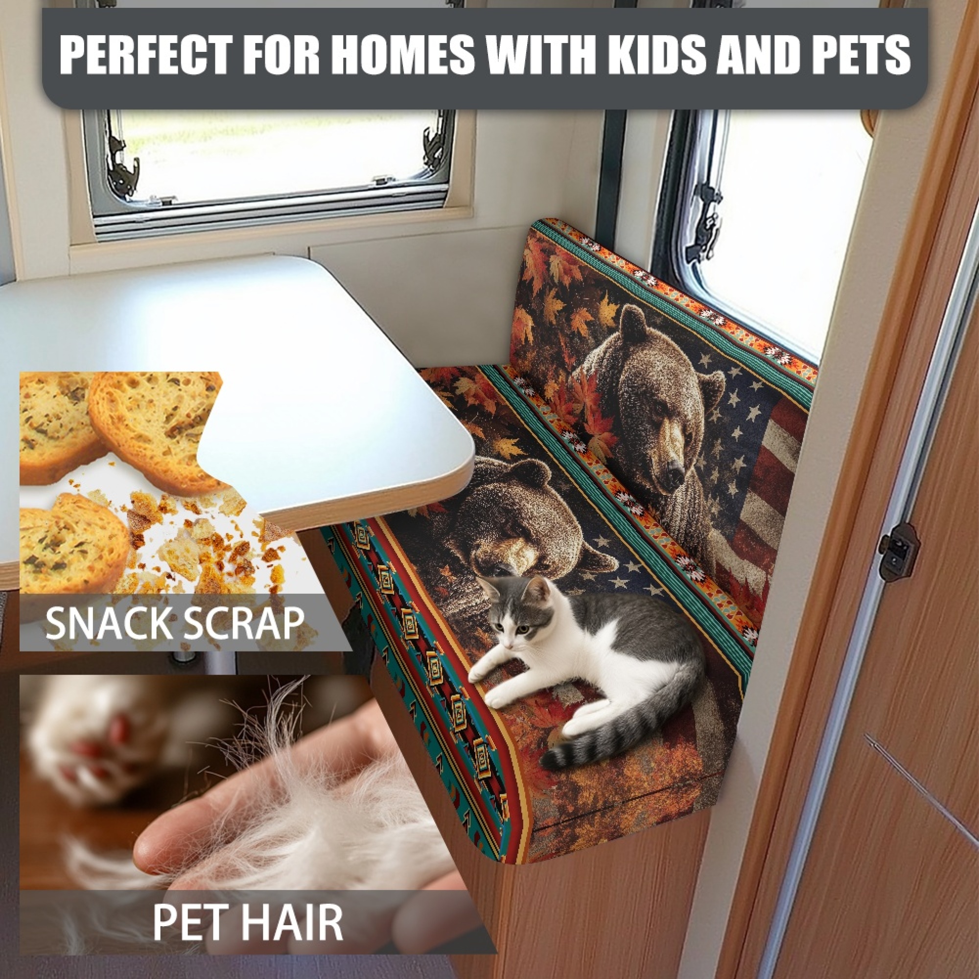 FOR U DESIGNS Bear Maple Leaf Geometric Pattern 2 Pcs RV Dinette Cushion Covers Replacement RV Dinette Booth Seats Cover Elastic Sofa Chair Cover Furniture Protector for RV Camper Car Bench