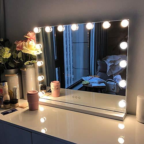 FENCHILIN Large Vanity Mirror with Lights, Hollywood Lighted Makeup Mirror with 15 Dimmable LED Bulbs for Dressing Room &amp; Bedroom, Tabletop or Wall-Mounted, Slim Metal Frame Design, Wh