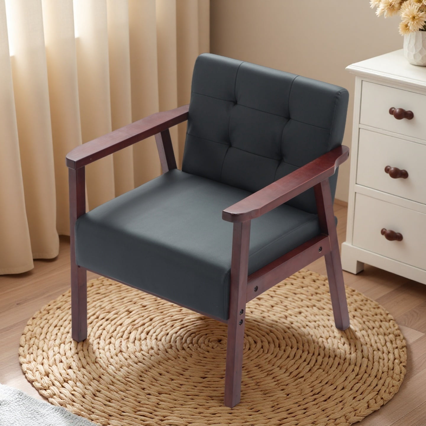 Gewnee Wood Frame Accent Armchair with Anti-Slip Foot Pads, for Living Room, Bedroom and Office, Black PU