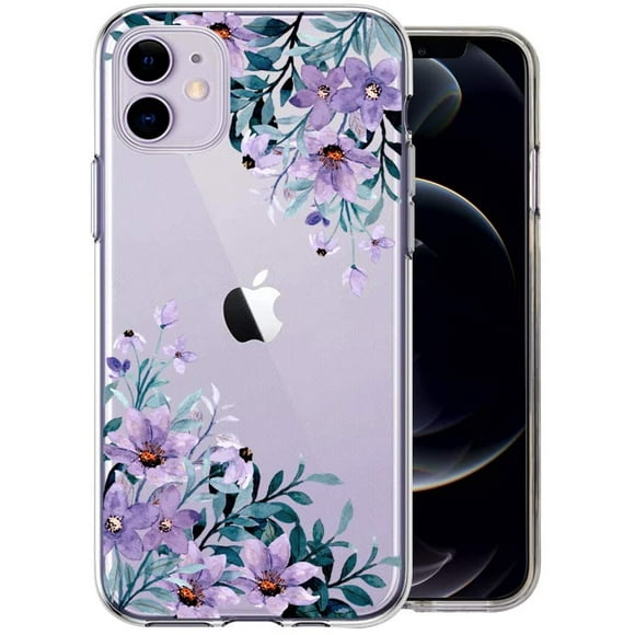 KEXAAR iPhone 11 Case, Clear Cute Flowers Design Slim Shockproof Transparent HD Graphics Purple Blue Floral Girls Woman