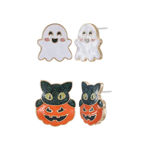 Way to Celebrate Ghost & Kitten Halloween Stud Earrings, 2 Pairs