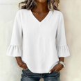 thumbnail image 2 of Womens Gauze Tops Ruffle 3/4 Length Sleeve V Neck Shirts Dressy Casual Blouses Summer Cute Vacation Tops, XXL, 2 of 7