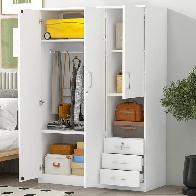 Noble House 2-Doors Wooden Wardrobe with Shelves and 3 Drawers,Large Space Storage for Bedroom, White