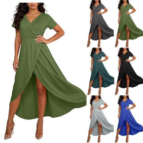 PIWHJQK Women Casual Short Sleeve Flowy Midi Dress Women's Wrap V-Neck Short-Sleeve Maxi Dress With High Slit Multiple Colors Summer Dress