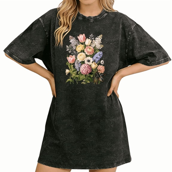 UNISHE Botanical Flower Bouquet Relaxed Fit Women's Graphic Tee Crew Neck Short Sleeve