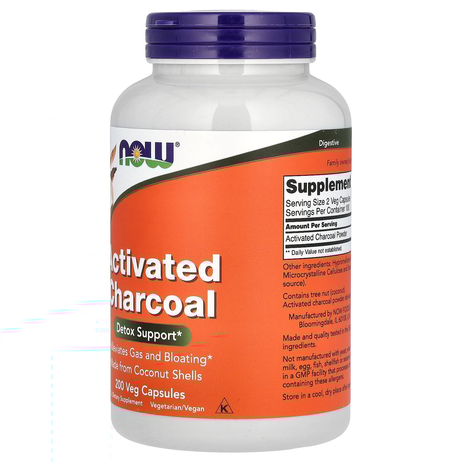 NOW Foods Coconut Activated Charcoal Dietary Supplement, 200