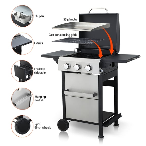 Gearwell Propane Gas Grill, 3-Burner Stainless Steel BBQ Barbecue Grill with SS Plancha, 36900 BTU Output, Enamel Cooking Grids, Foldable Side Table and Hanging Basket