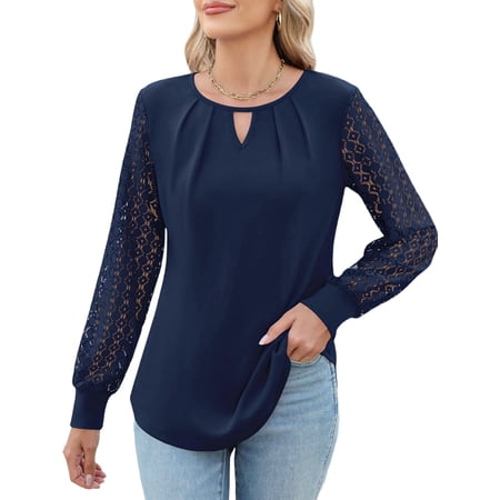 Womens Long Sleeve Shirts Lace Tops Business Casual Fall Fashion Outfits Clothes Knitted Y2k Blouses Navy Blue L