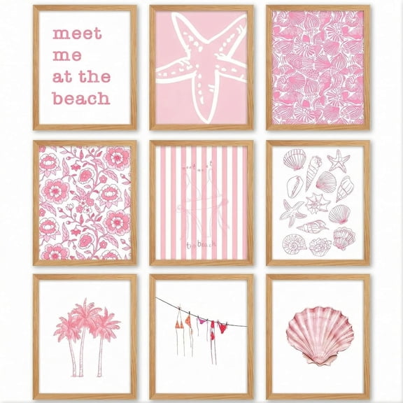 Poster Set of 9 Themed Wall Art Beachy Painting Picture Wall Decor Shell Palm Trees Flowers Printed Artwork for Teen Dorm Bedroom Apartment 8x10 Inch in Unframed