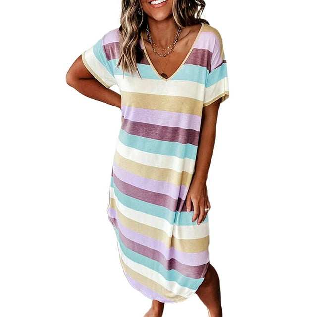 LUXUR Nuisette pour Femmes Chemise de Nuit Rayée Robe de Nuit à Col en V Tenue de Nuit Décontractée Robes T-Shirt à Manches Courtes Violet G