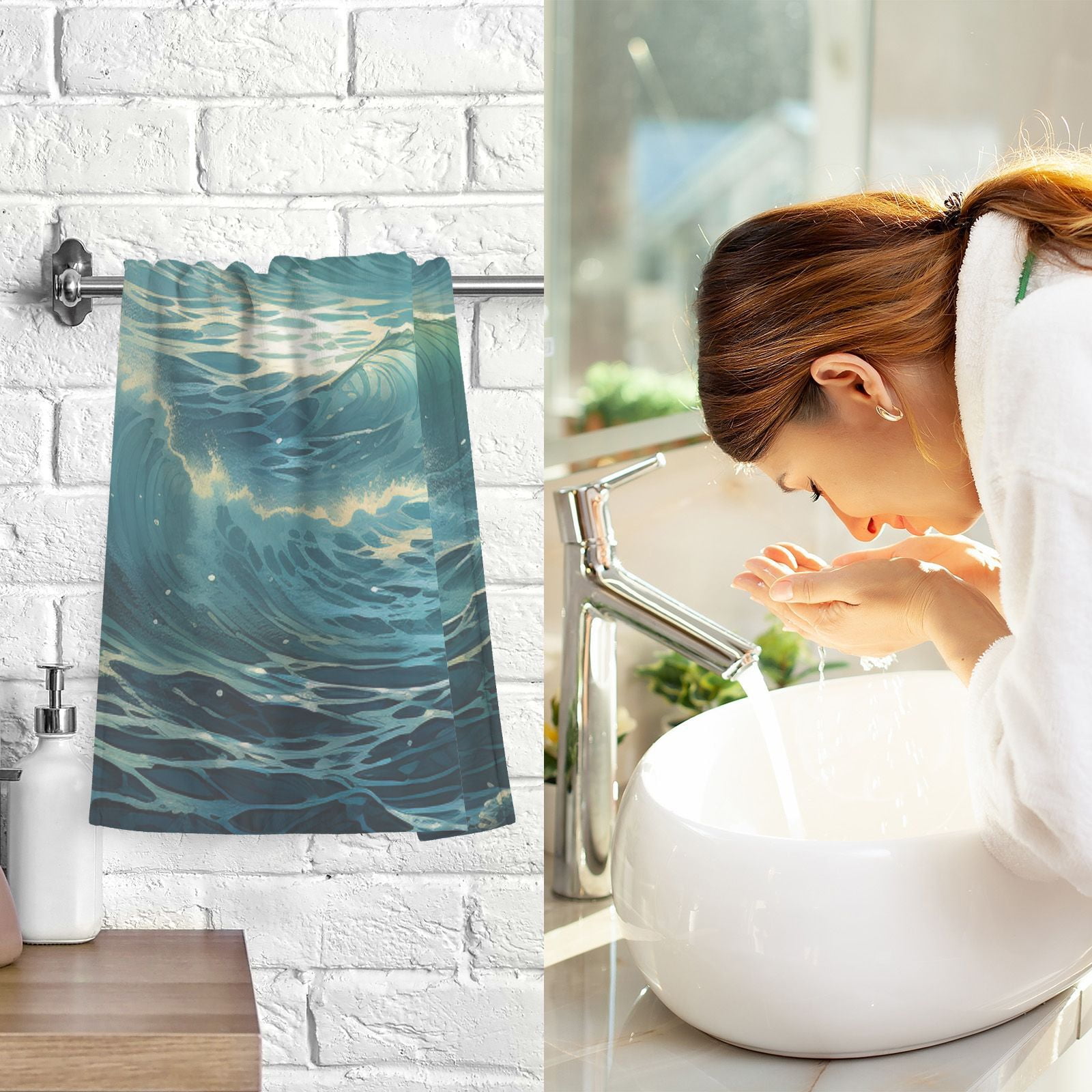 Ocean Blue Hand Towels Cotton Bath Towels Large Face Towels Absorbent for Bathroom 2 Packs