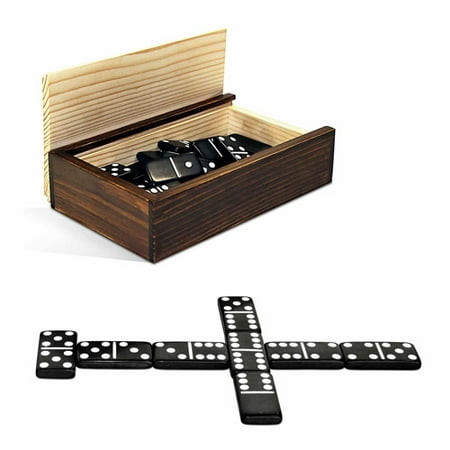 Double 6 Black Dominoes with White Dots in Wooden Case