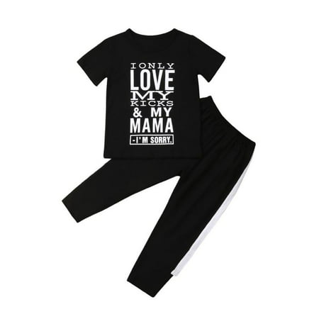Toddler Baby Boy Clothes Kid Summer Cotton Short Sleeve T-Shirt Tops+Long Pants Outfits Set Tracksuit Black