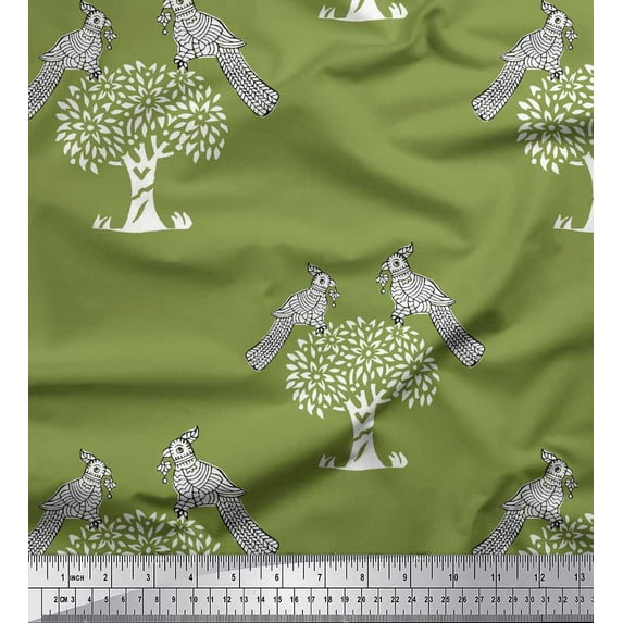 Soimoi Rayon Fabric Bird & Tree Block Print Sewing Fabric Yard 56 Inch Wide