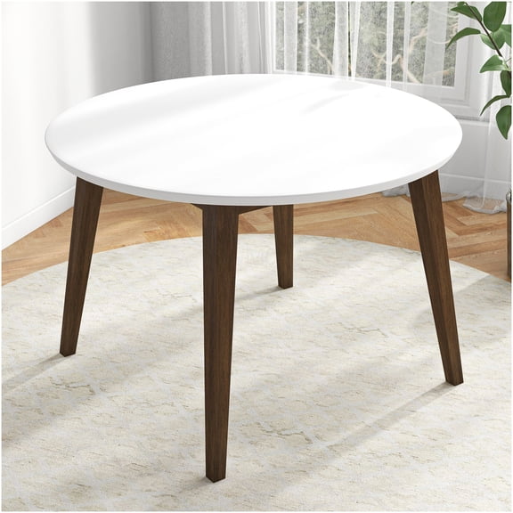 White Modern Round Dining Table with Walnut Base - 43 Inch Pedestal Kitchen Table for 4, Easy Assembly