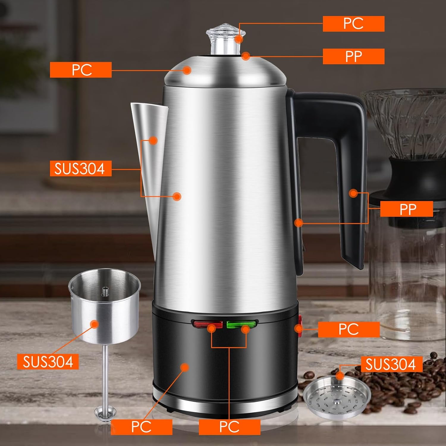 Electric Coffee Percolator 12 CUPS Percolator Coffee Pot,800W Percolator Coffee Maker Stainless Steel with Clear Knob Cool-touch Handle,Coffee Pot Percolator Auto Keep Warm Function