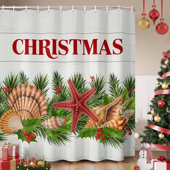 Coastal Christmas Shower Curtain, Nautical Starfish Pine Needle Xmas Waterproof Fabric Shower Curtains with 12 Hooks, Bathroom Curtain Set for Bathroom Accessories Decor, 72 x 72 Inches