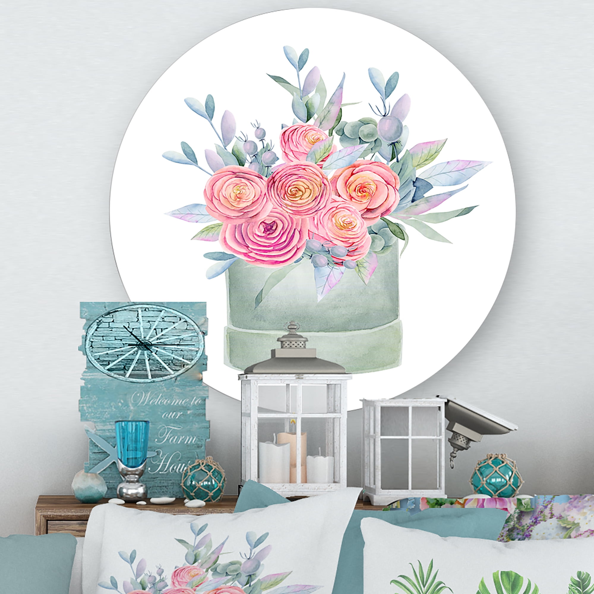 Designart 'Pink Roses With Gift Box' Farmhouse Circle Metal Wall Art 23x23 - Disc of 23