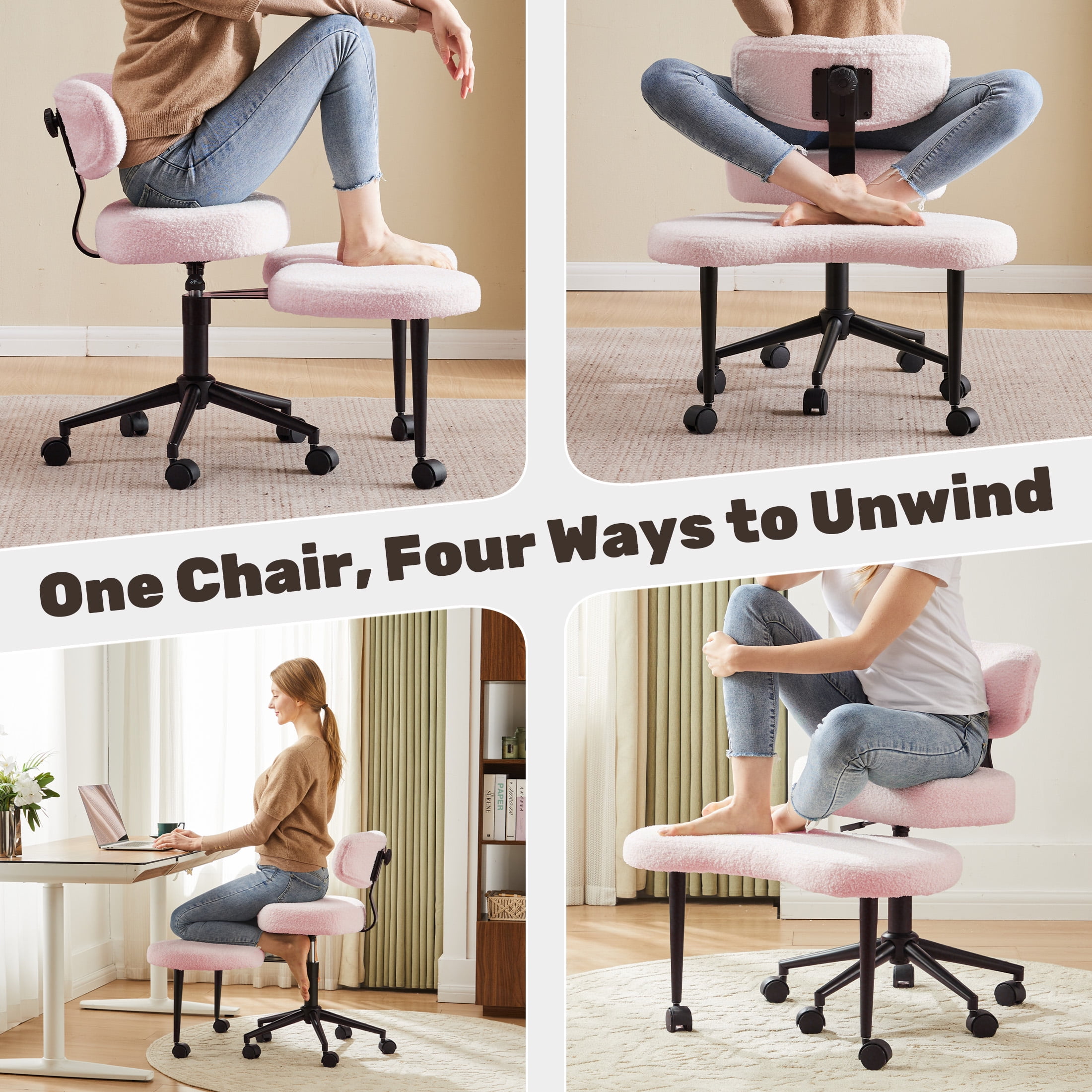 edx Ergonomic Cross Legged Swivel Chair with Back Support, Adjustable Height Meditation Chair, 360° Rotating Footrest, Rolling Office Floor Chair, Pink