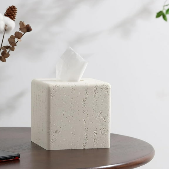 Off-White Travertine-Textured Resin Tissue Box Cover - Decorative Square Dispenser for Home/Office Users