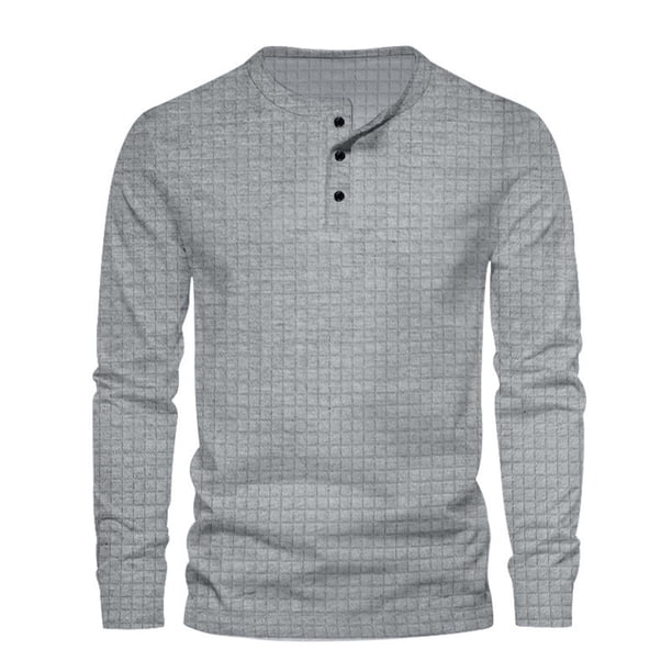 pstuiky Camisas para hombre de manga larga, Suéter deportivo informal de color liso con cuello redondo y botones para hombre, blusa de manga larga con cuello redondo m