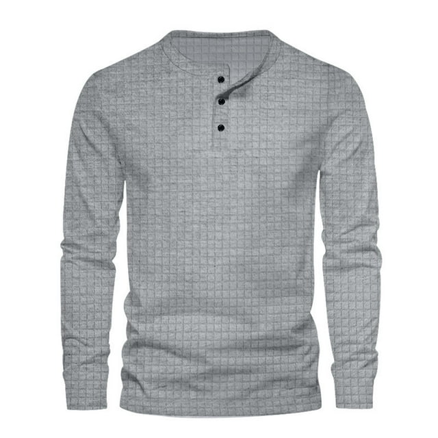 pstuiky manga larga para hombre, Suéter deportivo informal de color liso con cuello redondo y botones para hombre, blusa de manga larga con cuello redondo Tops casuales para hombres xl