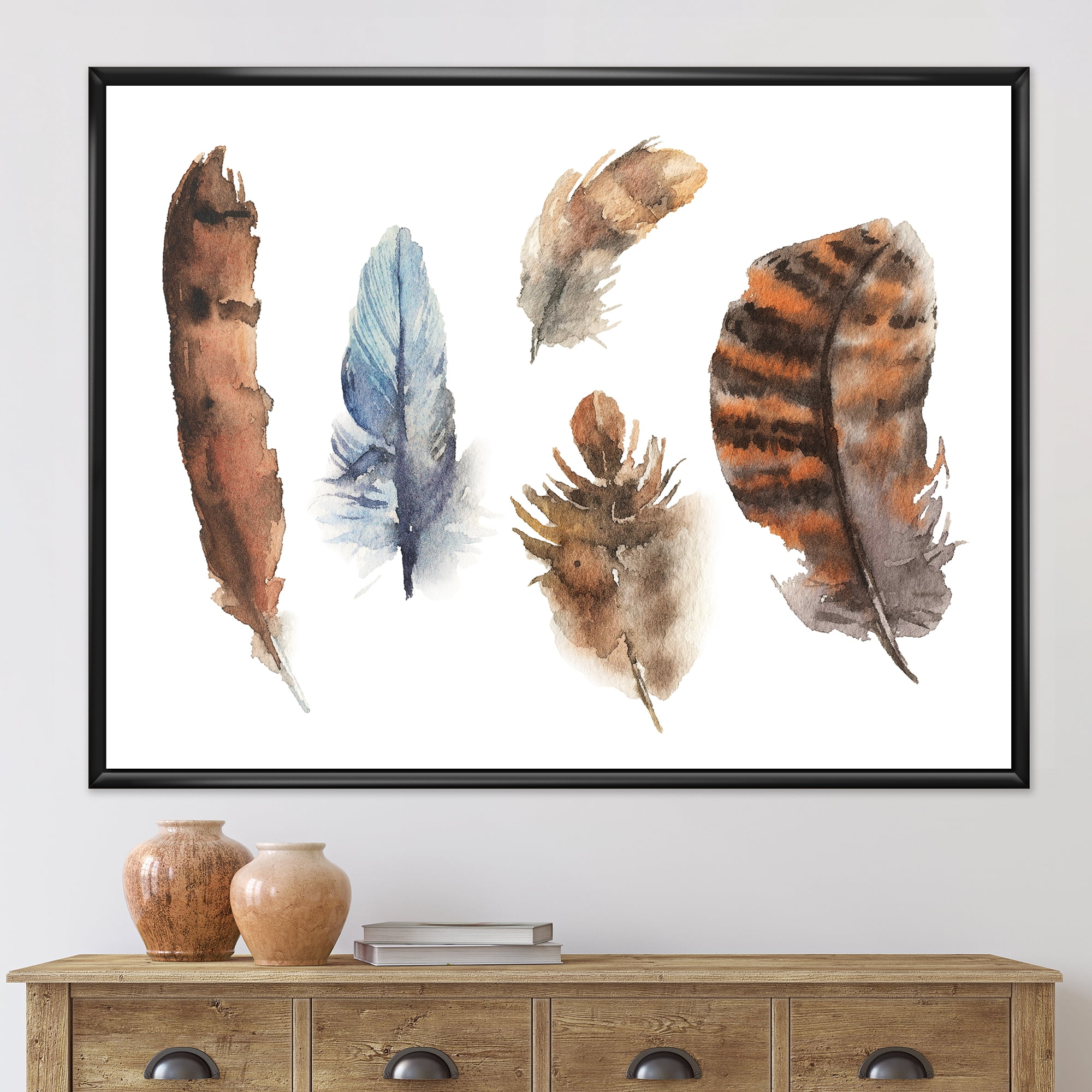 Designart 'Ethnic Boho Feathers In Earth Tones On White' Bohemian & Eclectic Framed Canvas Wall Art Print