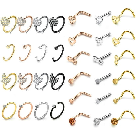 Allerpierce 20G Nose Rings Set 30-40Pcs Bone Screw L Shaped Nose Studs  Hypoallergenic Tragus Cartilage Nose Ring Hoop Stainless Steel Nose  Piercing Jewelry For Women Men | Walmart Canada