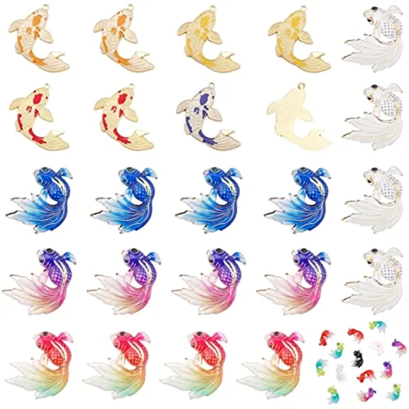 64 Pcs Charms Pendants 12 Colors UV Printing Fish Resin Cabochons Alloy Enamel Koi Fish Pendants for Necklace Earrings Bracelets Jewelry Making Accessory