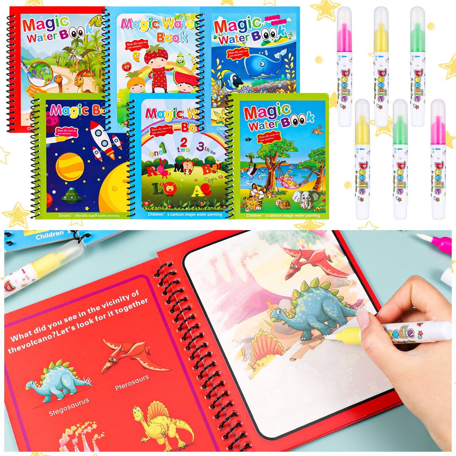 Magic Water Washable Coloring Books with Water Markers (3-Pack) 