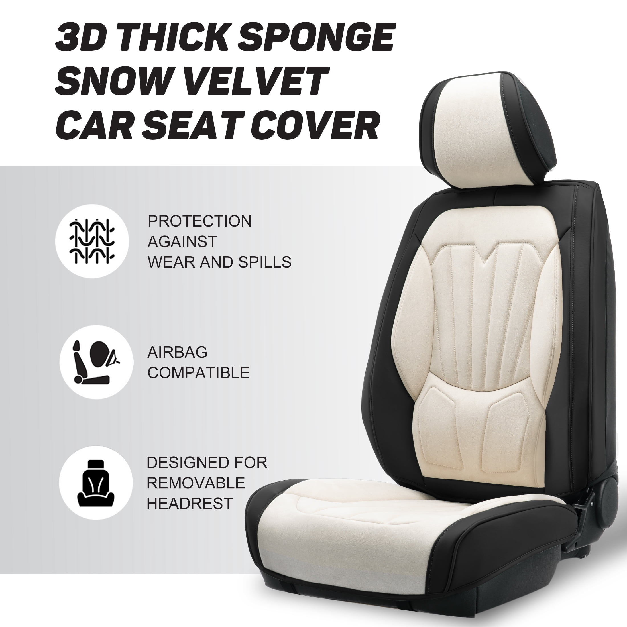 Caromop Universal Car Seat Covers Full Set,3D Foam Support in Velvet & PU Leather,Armrest Compatible for Cars, Trucks, SUVs (Beige/Black)