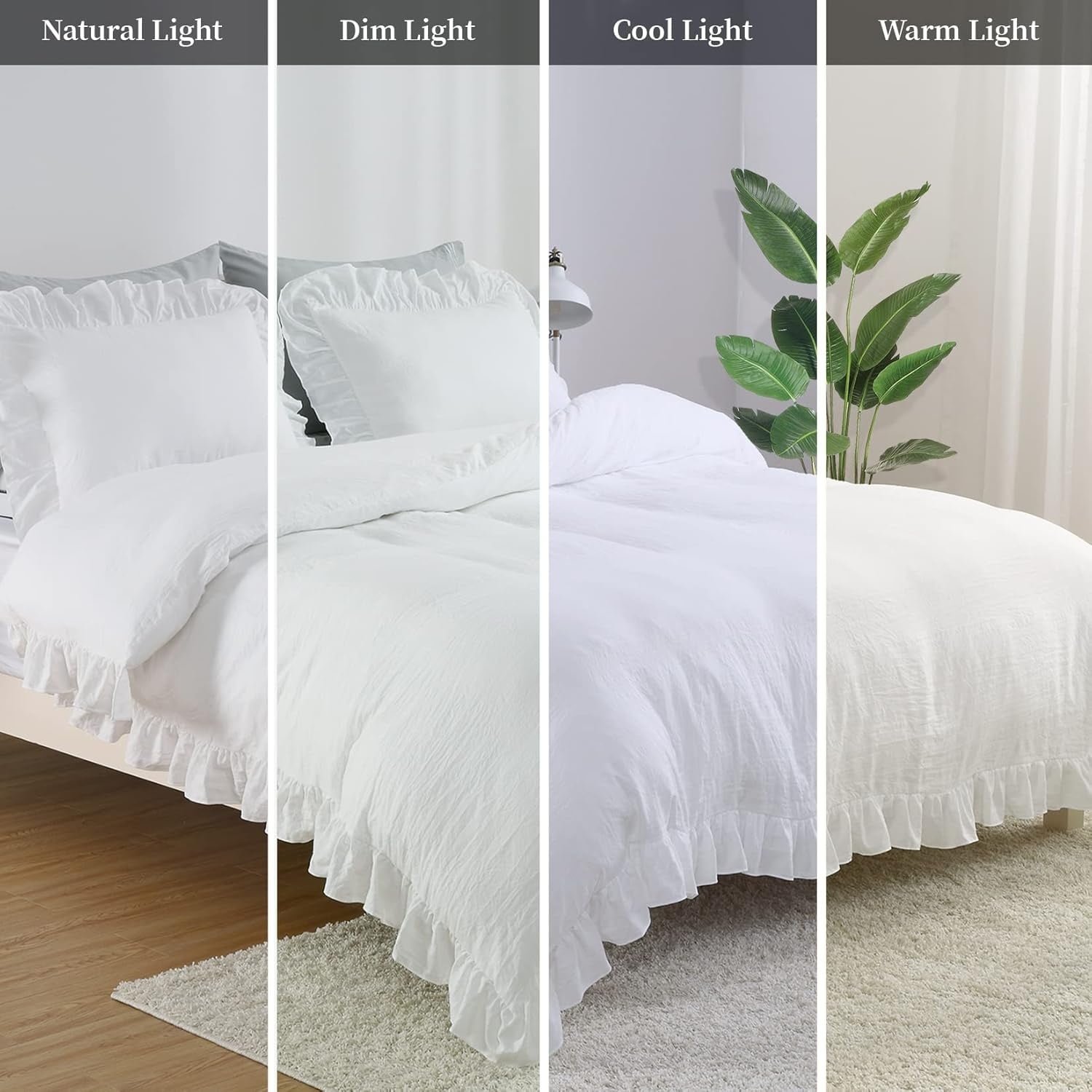 White Ruffle Queen Size Duvet Cover Set, 3PCS Soft Washed Microfiber Vintage French Country Design, 90x90 in, Luxurious Comfort & Easy Care
