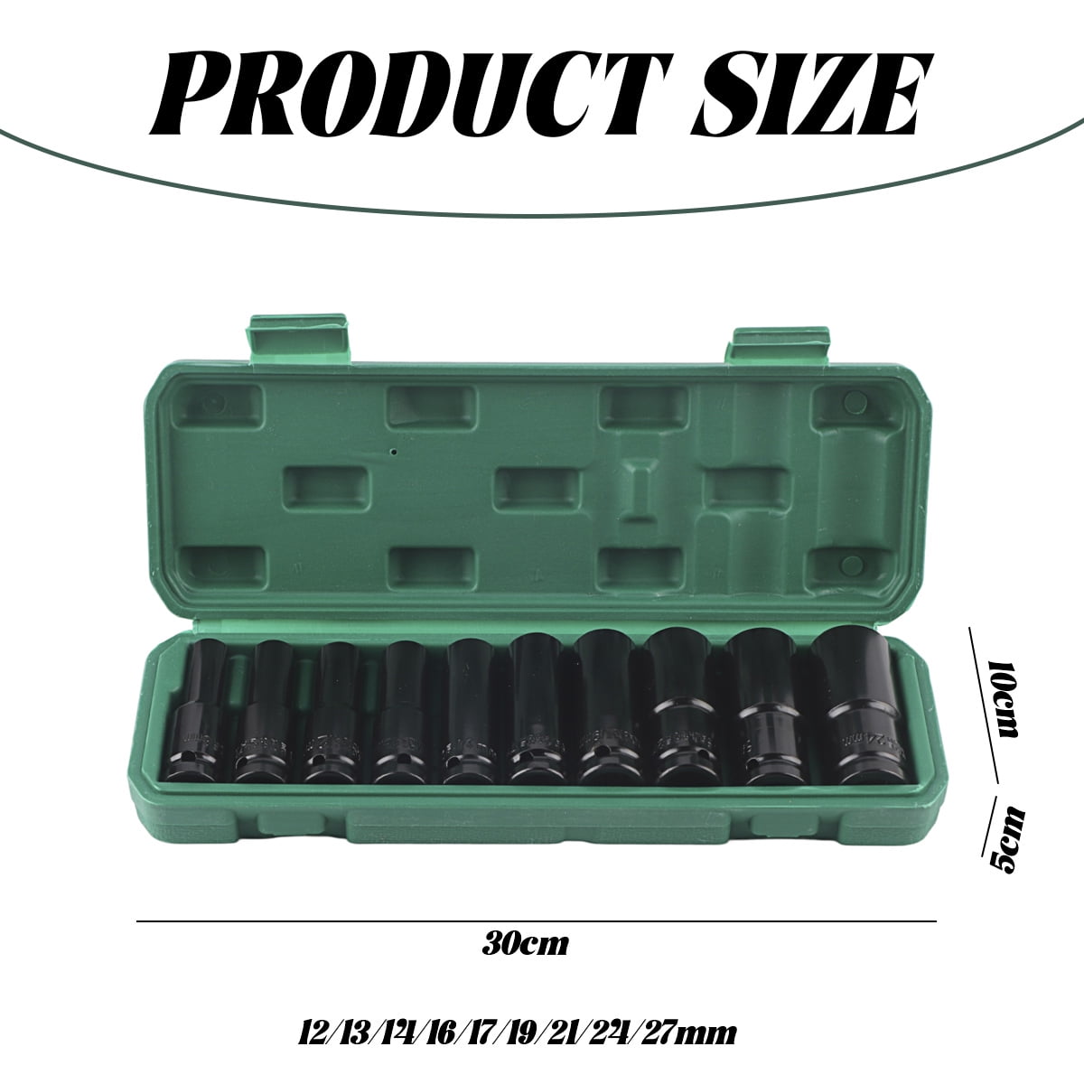 10pcs 1/2in Deep Drive Impact Socket Set 6‑Point 8‑24mm Carbon Steel Auto Repairing Tool