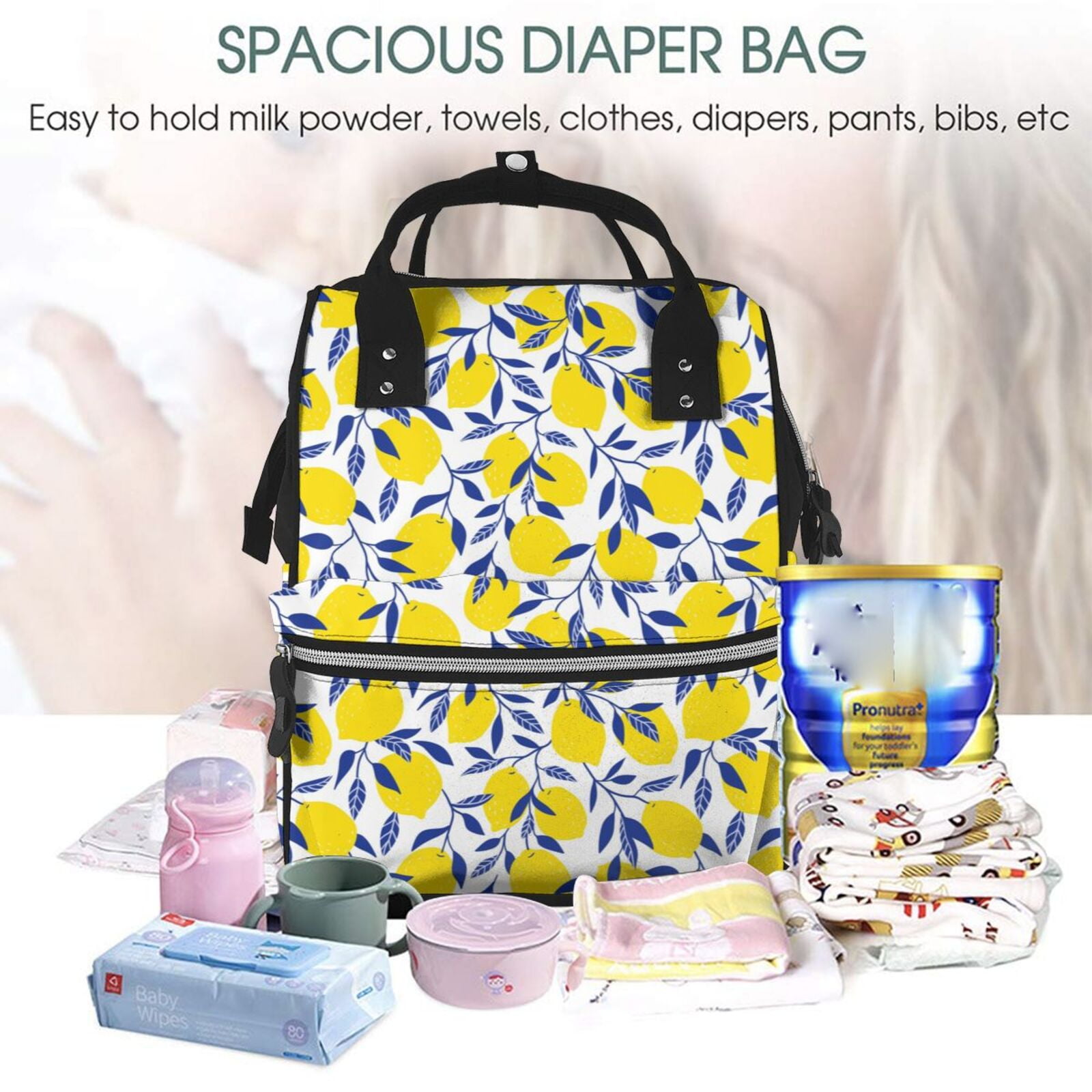 Ratiio Tropical Lemon Mummy Backpack - Waterproof Twill Canvas, Large Capacity Diaper Bag with Multiple Pockets and Adjustable Straps