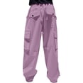 thumbnail image 4 of CPNG Girls Casual Baggy Cargo Pants Straight Wide Leg Cargo Pants Loose Elastic Waist Fashion Drawstring Cargo Trousers(Light Violet,13-14 Years), 4 of 7